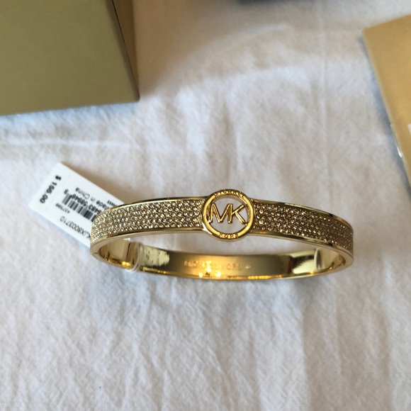 Michael Kors Polished Gold Plated Brass & Pave Crystals Logo Bangle NWT & Box - Picture 8 of 16
